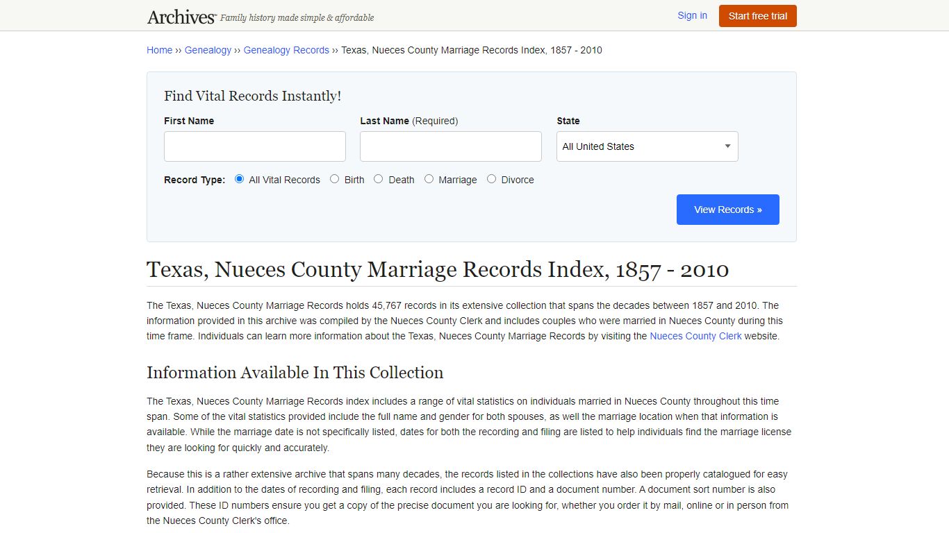 Texas, Nueces County Marriage Records Index, 1857 - 2010 - Archives.com